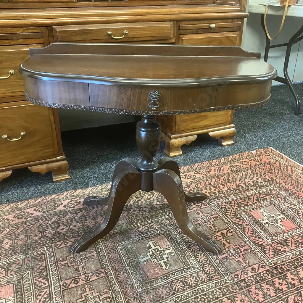Vintage Mahogany 1/2 Round Table, Single Drawer. Turned Pedestal To 4 Feet - David Whitlow ChCh. H66.5 W85 D41cm Image 1++