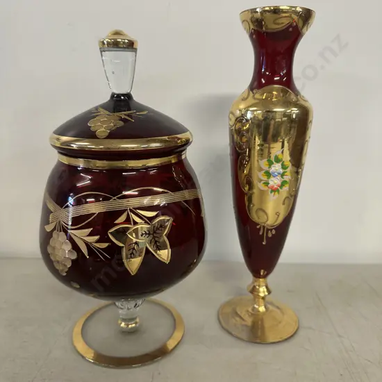 Ruby Red With Gilding Lidded Canister & Vase