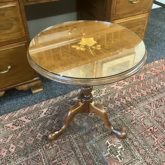 Mahogany Round Top Side Table With a Glass Top. 54.5 x 52.5cm