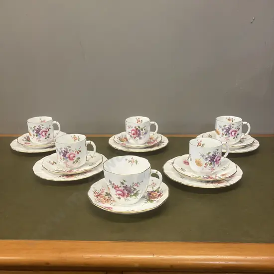 Royal Crown Derby “Derby Posies” Teacup & Saucer With Five Demitasse Teacup, Saucer, Plate Trios