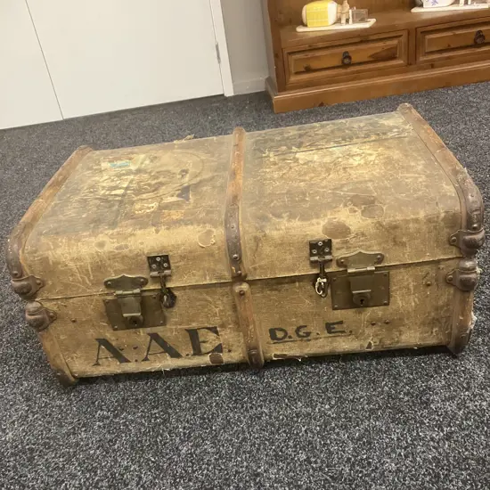 Vintage Travel Trunk With Wooden Bands & Leather Handles. H34.5 W77 D50cm