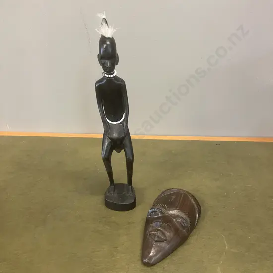 African Ebony Hand Carved Sculpture Of Man Playing a Drum H29cm & a Small 17cm Tribal Mask