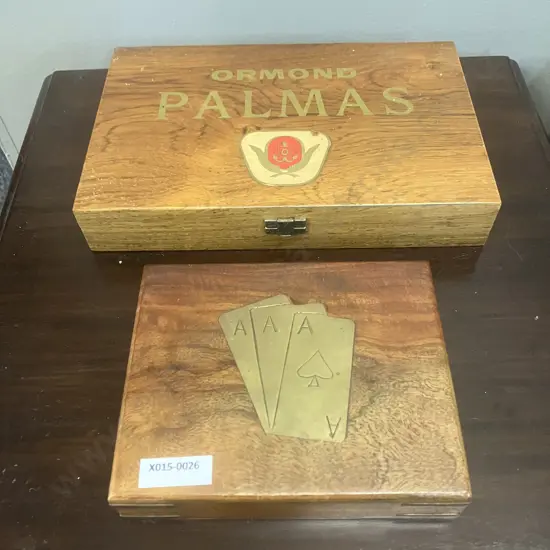 Vintage Ormond Palmas Wooden Cigar Box & Wooden Two Pack Playing Cards Box