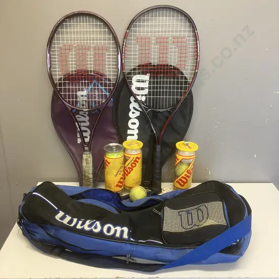 Pair of Wilson Tennis Racquets, Balls & Bag