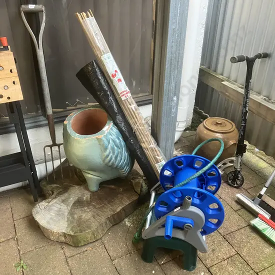 Hose Reel, Single Step Stool, Bamboo Stakes, Weed Mat