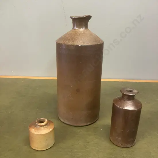 Pair of Stoneware Salt Glazed Lovatt & Lovatt Ink Bottles With Pouring Lip & Antique Ink Pot. H24,11 & 5cm