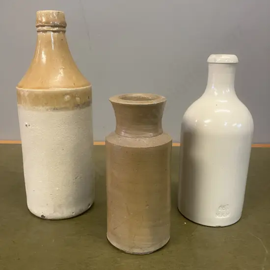 Antique Victorian Stoneware Bottle, Antique Ginger Beer Bottle & Beer Bottle Stamped M.K.M 0.5L, H24, 20 &16cm