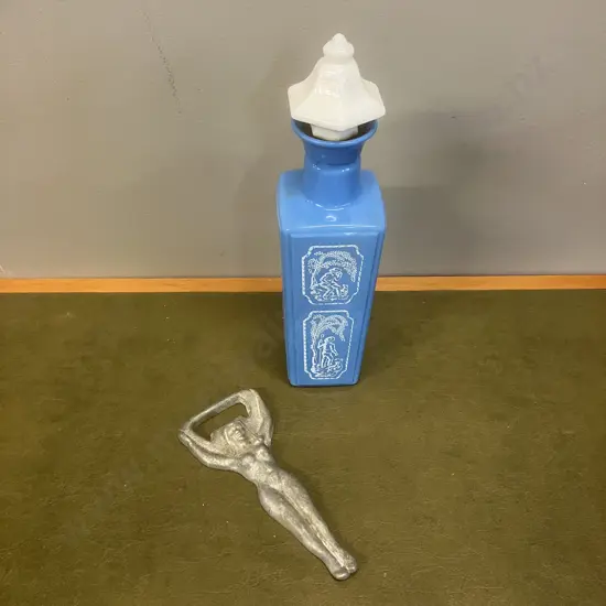 1965 Jim Beam Decanter Blue & White Milk Glass. H32cm With Art Deco Naked Lady Bottle Opener