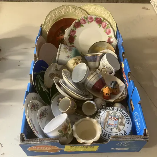 Box lot Assorted China, Teacup Duos, Royal Albert Cake Plate Etc