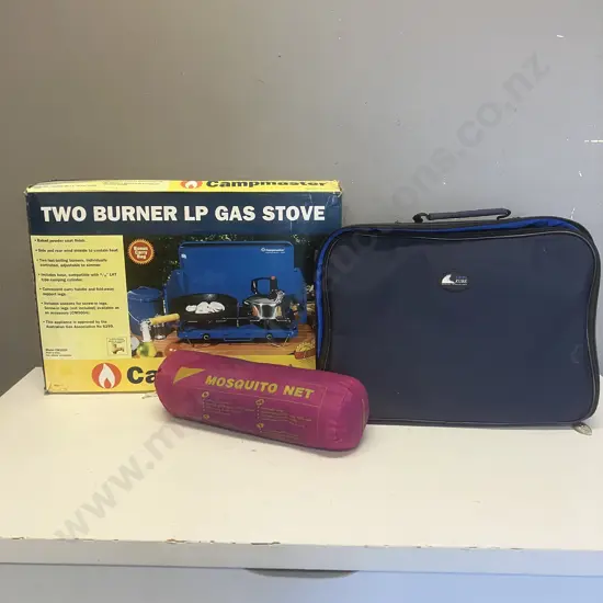 Campmaster Two Burner LP Gas Stove (No Hose), Single Bed Mosquito Net, Kool Kube Picnic Set In Bag
