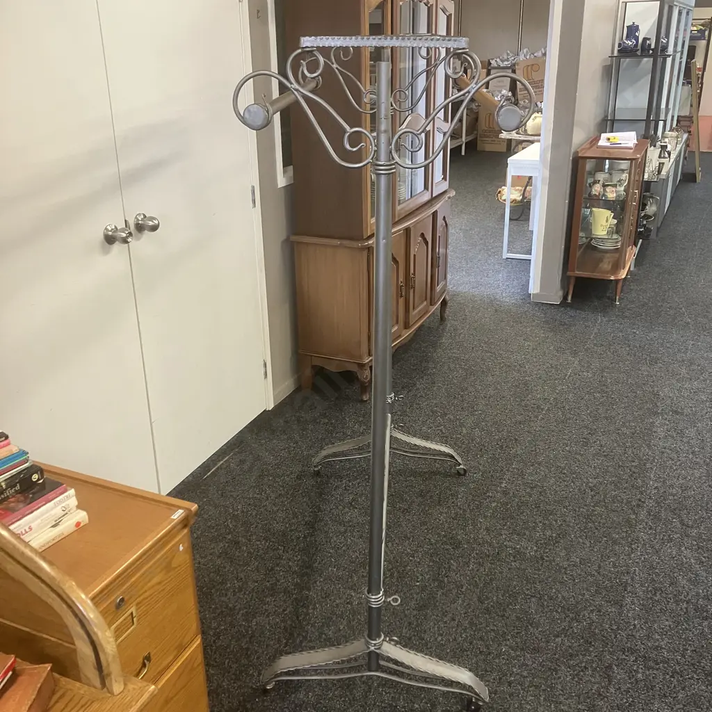 Vintage Wrought Iron Garment Rack With Scroll Ends & Wheels. H162.5 W120 D60cm Image 1++