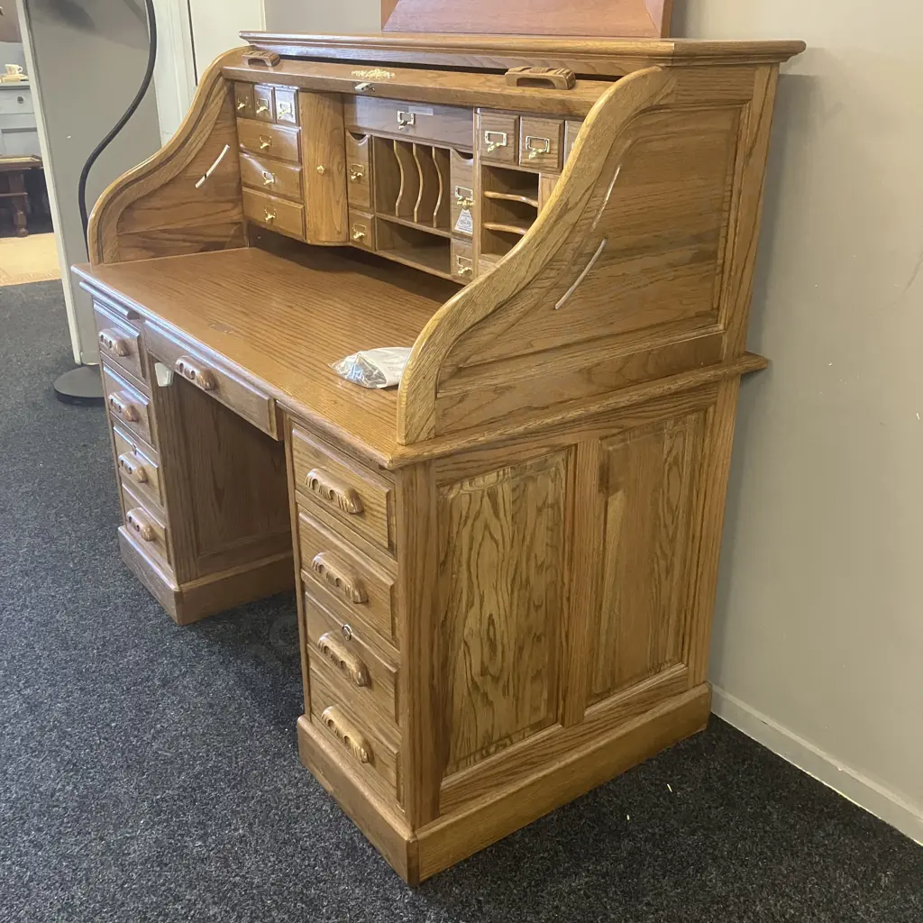 Stunning Oak Rolltop Secretaire Kneehole Desk, 21 Drawers, Brass Handles, 2 x Pull Out Slides, 3 Doors Image 1++