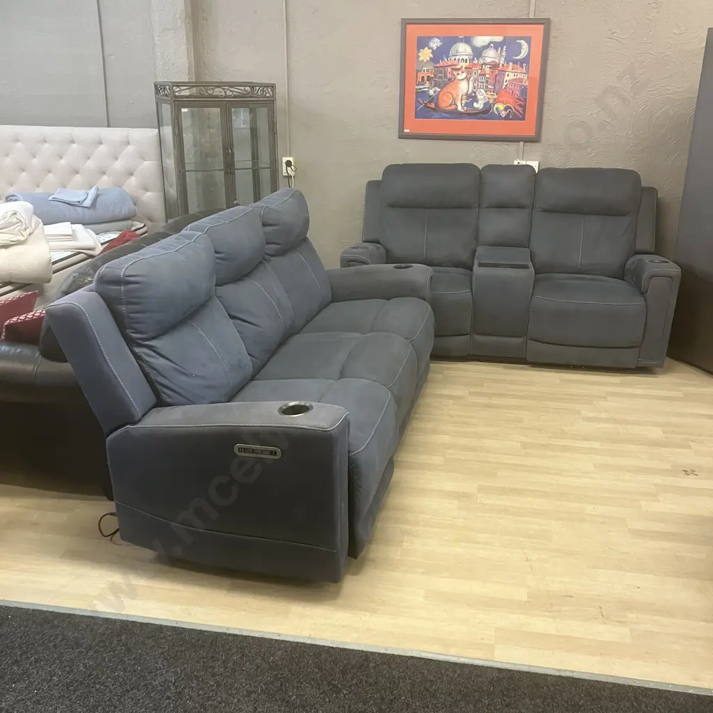 Ex Harvey Norman Wolgan 3 Seater & 2 Seater Powered Recliner Sofas - Blue, With Fabric Care Kit Image 1++