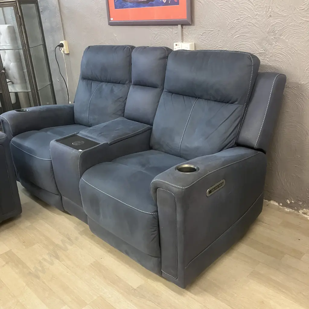 Ex Harvey Norman Wolgan 3 Seater & 2 Seater Powered Recliner Sofas - Blue, With Fabric Care Kit Image 1++
