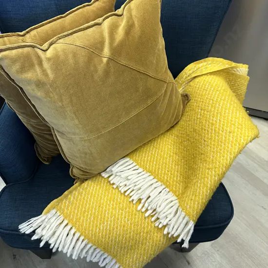 Gold & Cream Coloured Throw With Square Designer Cushions