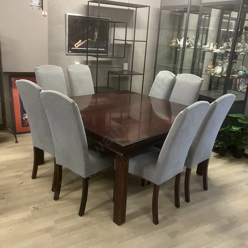 Dark Wood 155cm Square Table With 8 Mocha Micro Suede Highbacked Chairs (Stained) With Blue Slip Covers Image 1++