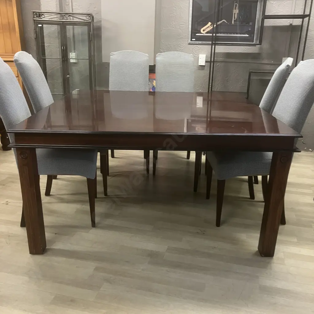 Dark Wood 155cm Square Table With 8 Mocha Micro Suede Highbacked Chairs (Stained) With Blue Slip Covers Image 1++
