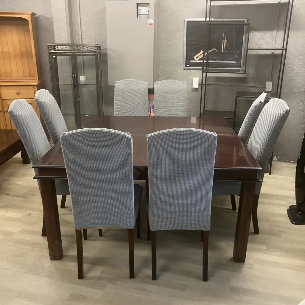Dark Wood 155cm Square Table With 8 Mocha Micro Suede Highbacked Chairs (Stained) With Blue Slip Covers Image 1++
