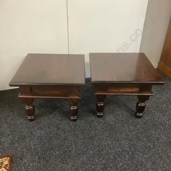 Pair of Dark Wood Square Side Tables, Turned Legs. 43 x 51cm