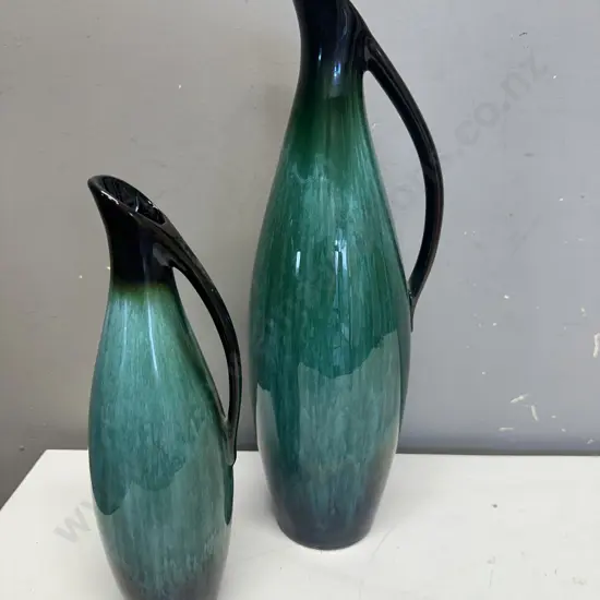 Vintage Blue Mountain Pottery Jugs With Green & Black Glaze H33cm.
