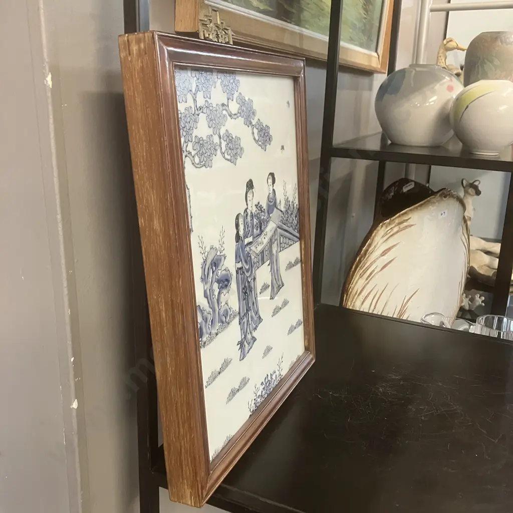 Chinese Blue And White Porcelain Wall Tile Plaque, Brass Hanger, Wooden Back Board. H38.5 W31 D3cm Image 1++