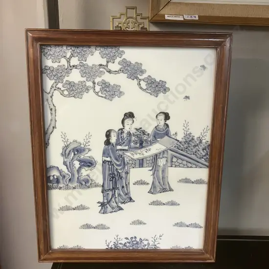 Chinese Blue And White Porcelain Wall Tile Plaque, Brass Hanger, Wooden Back Board. H38.5 W31 D3cm