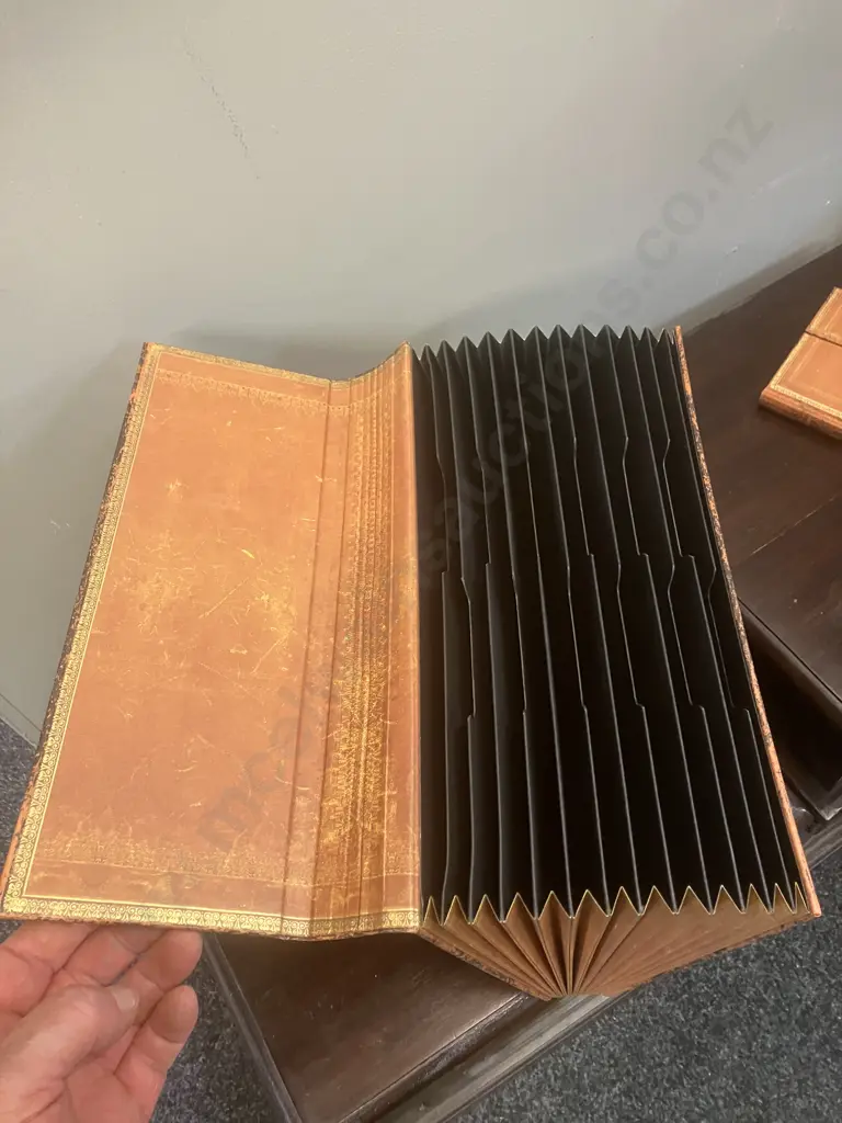 Vintage Leather Look Concertina File With Two matching Notebooks, Gilt Detail Image 1++