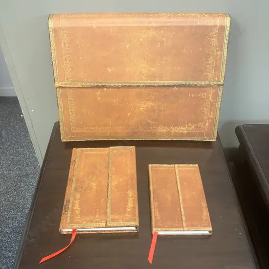 Vintage Leather Look Concertina File With Two matching Notebooks, Gilt Detail
