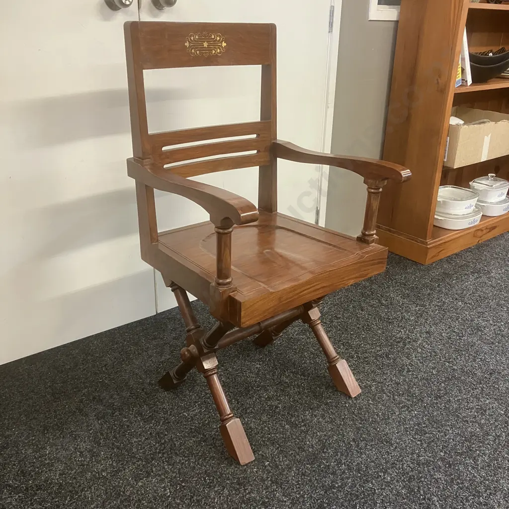 Arts & Crafts X Frame Desk Chair Moulded Seat Brass Inlay Image 1++