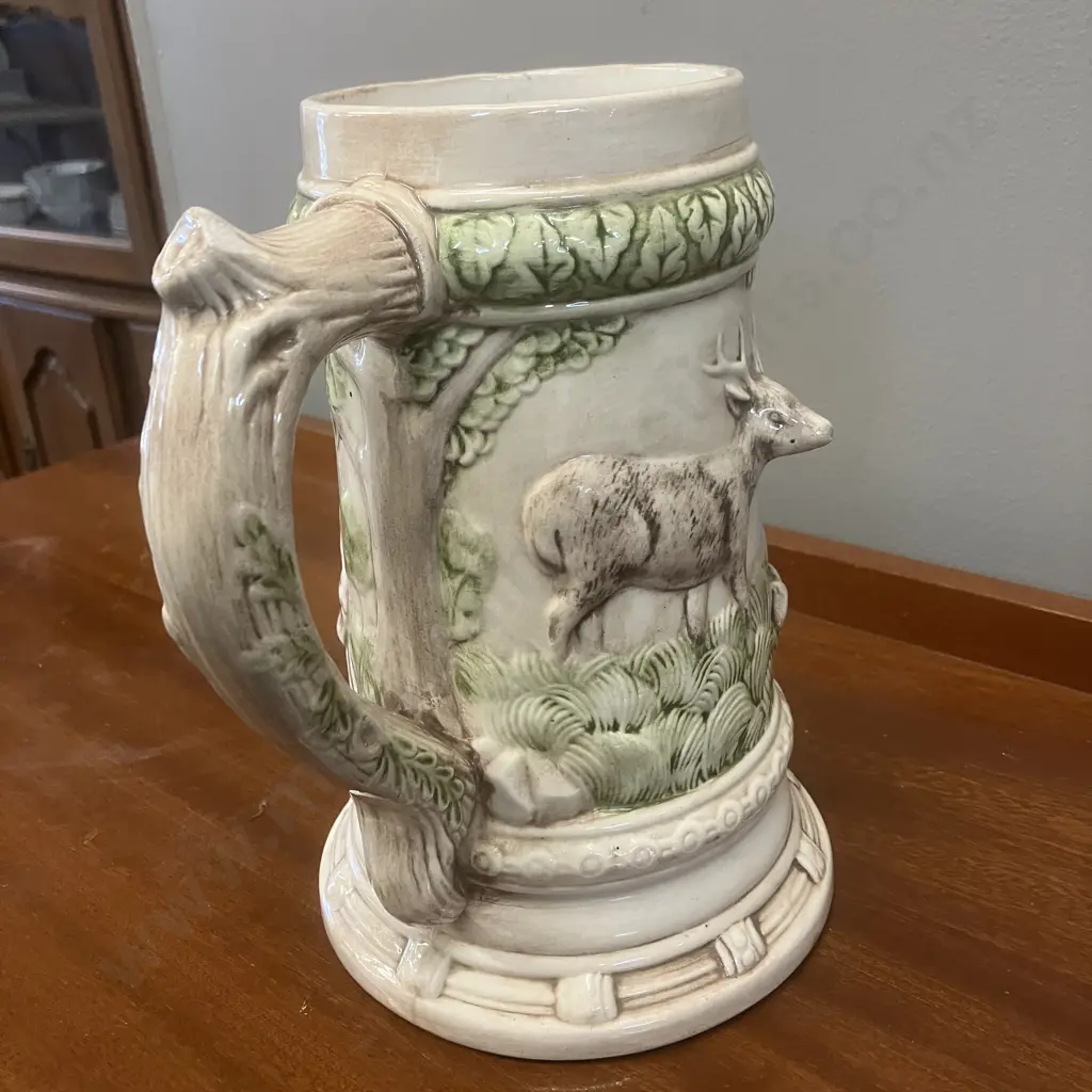 Vintage Alaskan Clay Stein With 3D Relief Miner & Deer. H22cm (Small Chip On Handle) Image 1++