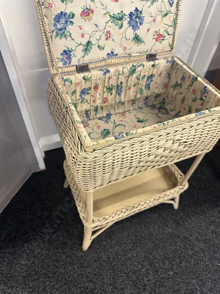 Cream Vintage Wicker Sewing Box On Stand With Tray At Base H64,W48,D33cm. Image 1++