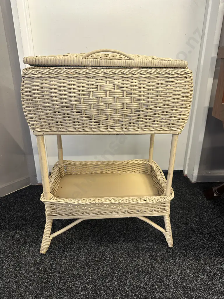Cream Vintage Wicker Sewing Box On Stand With Tray At Base H64,W48,D33cm. Image 1++