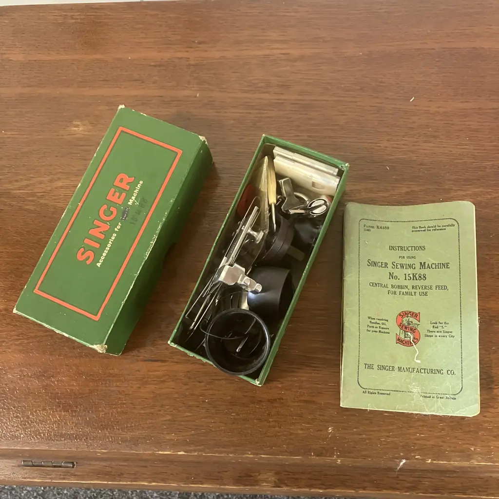 1949 Singer Model No 15K88 Treadle Sewing Machine With Manual & Accessories, #EF338259 - Kilbowie, Clydebank, Scotland Image 1++