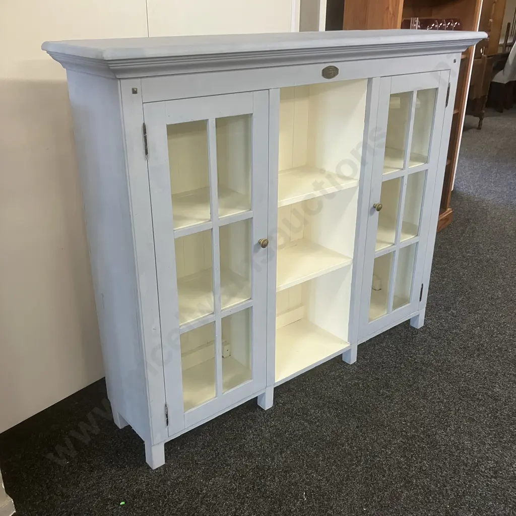 'The Villager Collection' Double Glass Door Display Cabinet Painted Blue & Cream. H125 W151.5 D36cm Image 1++