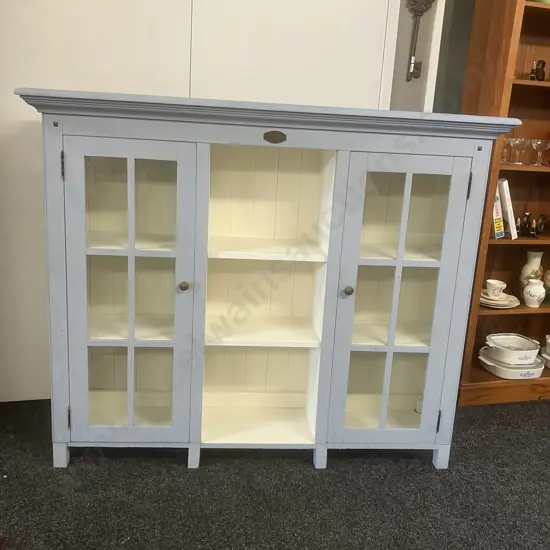 'The Villager Collection' Double Glass Door Display Cabinet Painted Blue & Cream. H125 W151.5 D36cm