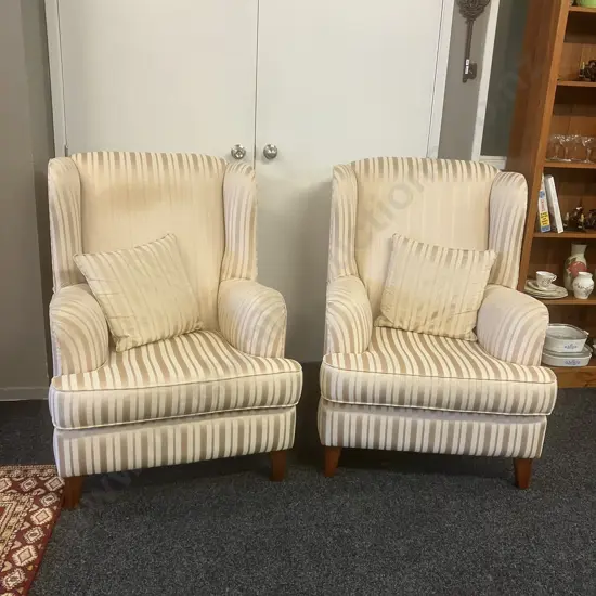 Pair of Warwick Fabric Striped Wing Back Armchairs Ex Lounge Innovation Australia