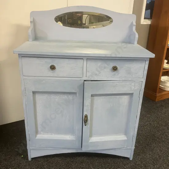 Oak Sideboard / Washstand Painted Blue, Bevelled Oval Mirror, 2 Drawer, 2 Door. H119 W91.5 D49cm