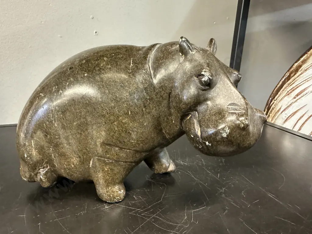 Vintage Soapstone Hippo Figurine (as found) H11,W18cm. Image 1++