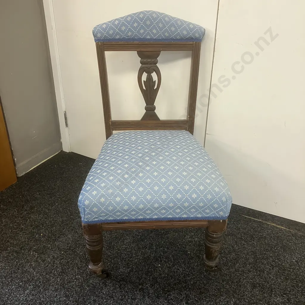 Antique Bedroom Chair With Blue Fabric Seat. Bakelite & Steel Castors Image 1++