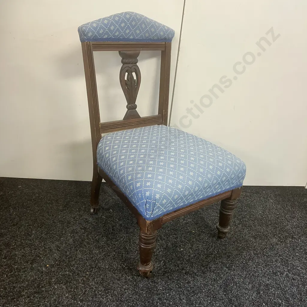 Antique Bedroom Chair With Blue Fabric Seat. Bakelite & Steel Castors Image 1++