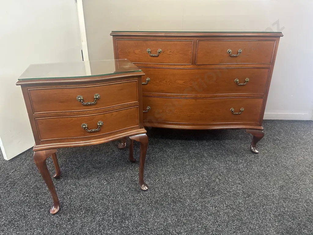 Mahogany Four Drawer Chest H79,W100,D36cm & Two Drawer Bedside H66,W50cm, Cabriole Legs, Ornate Handles & Glass Tops.  Image 1++