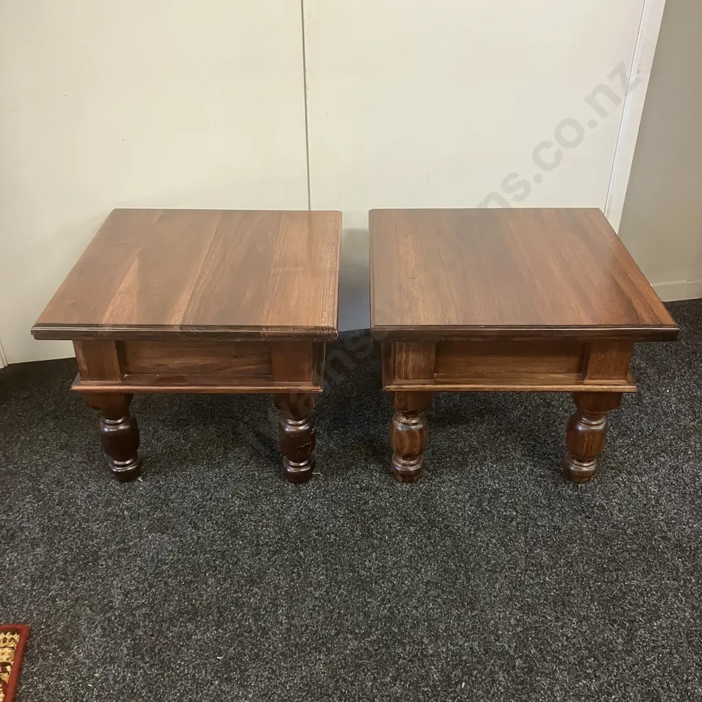 Pair of Dark Wood Square Side Tables, Turned Legs. 43 x 51cm Image 1++