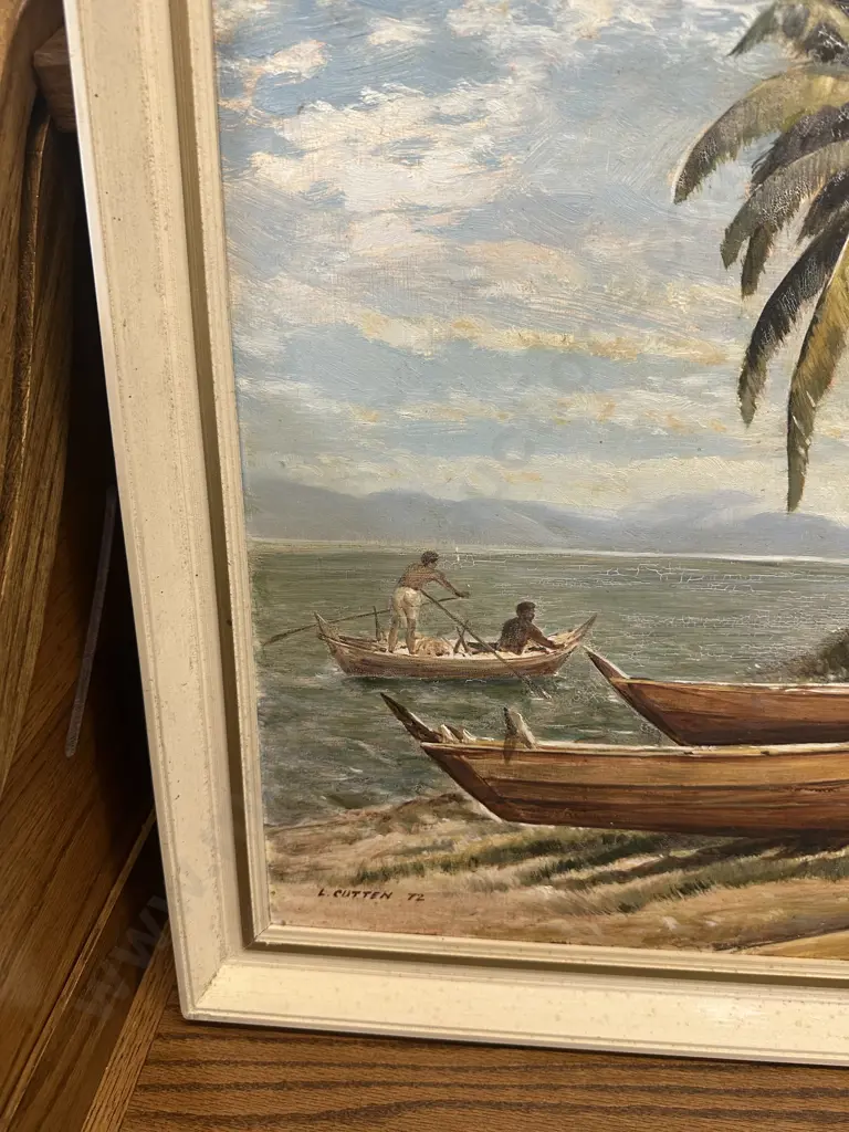 Vintage Cream Framed Artwork Tropical Scene H59,W79cm. Image 1++