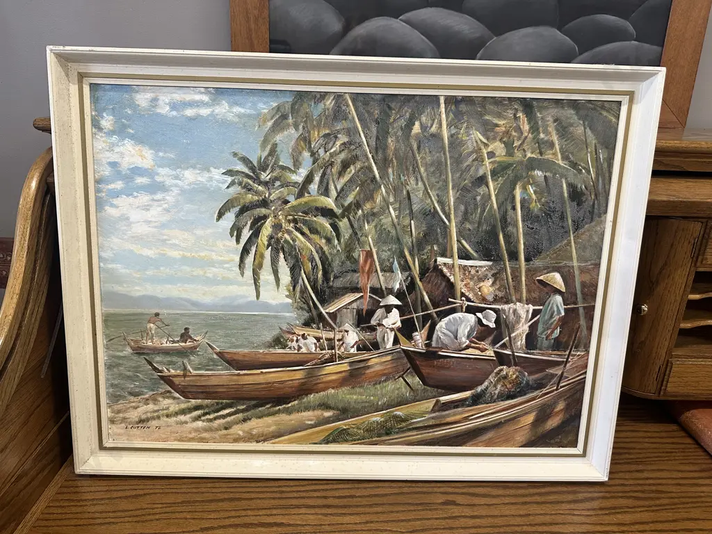 Vintage Cream Framed Artwork Tropical Scene H59,W79cm. Image 1++