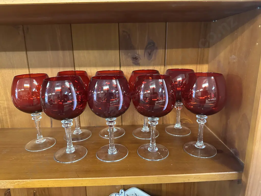 Red Clear Stemmed Brandy/Wine Glasses x9 Image 1++