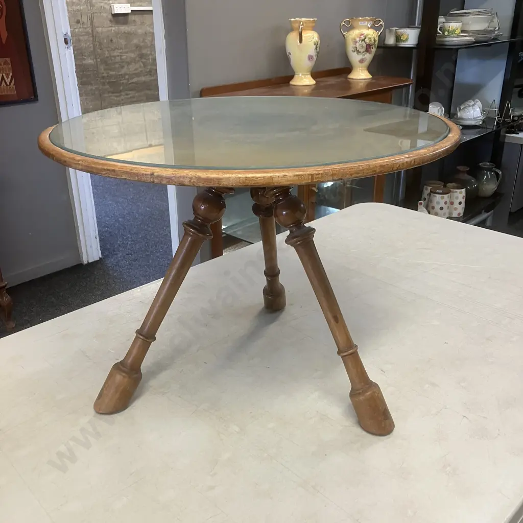 Antique Tri-Leg Occasional Table With Glass Top (As Found) 37 x 50cm Image 1++