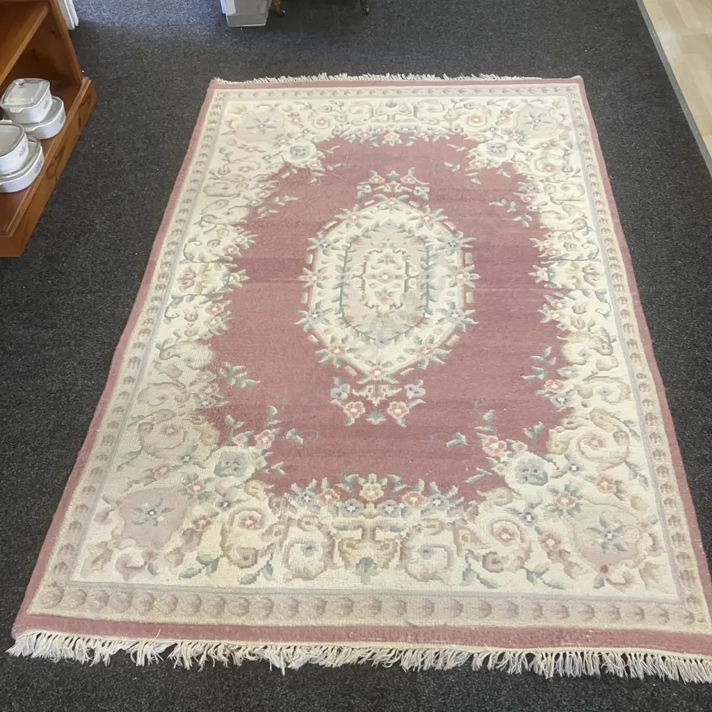Woollen Floor Rug - White / Burgundy / Green & Blue Tones. 160 x 240cm Image 1++
