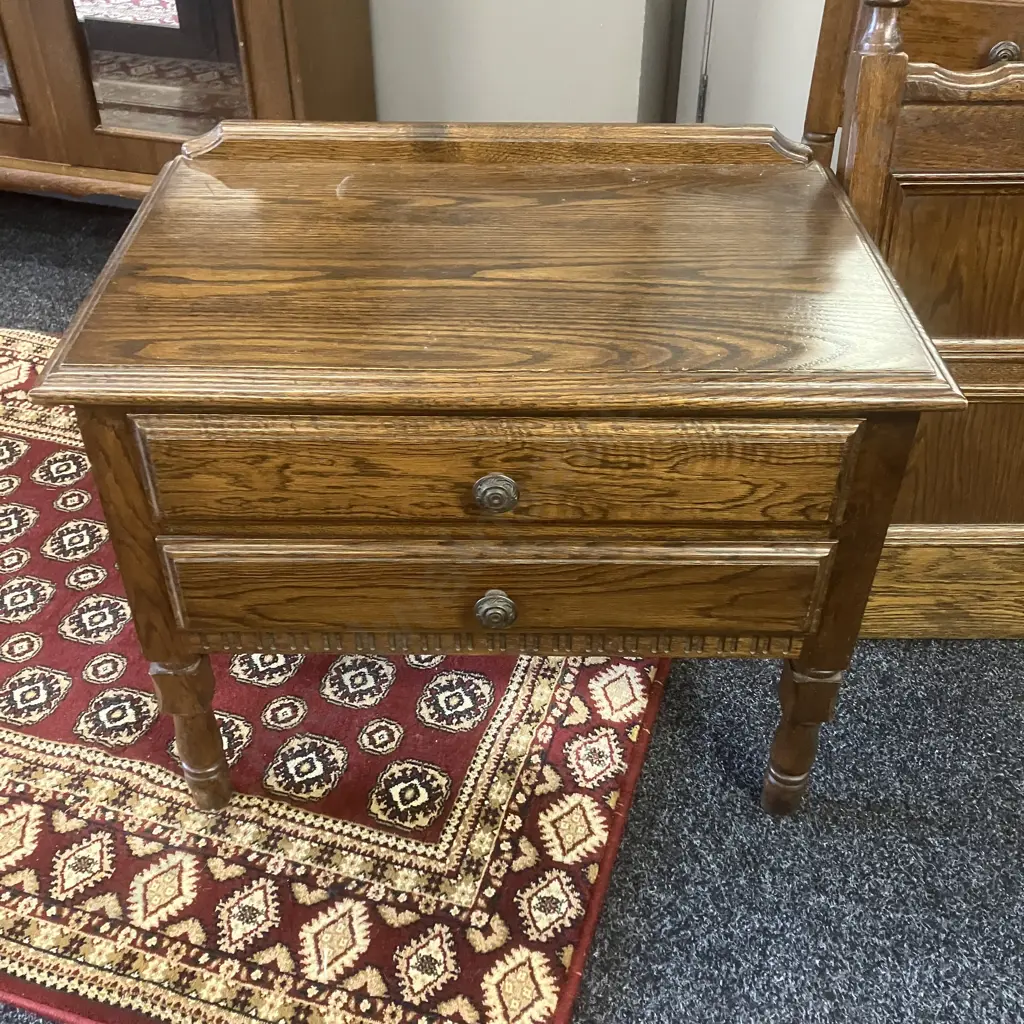 Vintage Solid Oak Panelled 152cm Headboard With Attached Two Drawer Bedside Cabinets. Image 1++
