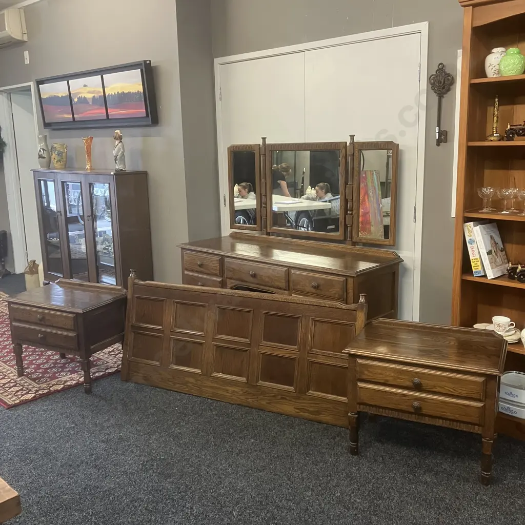 Vintage Solid Oak Panelled 152cm Headboard With Attached Two Drawer Bedside Cabinets. Image 1++