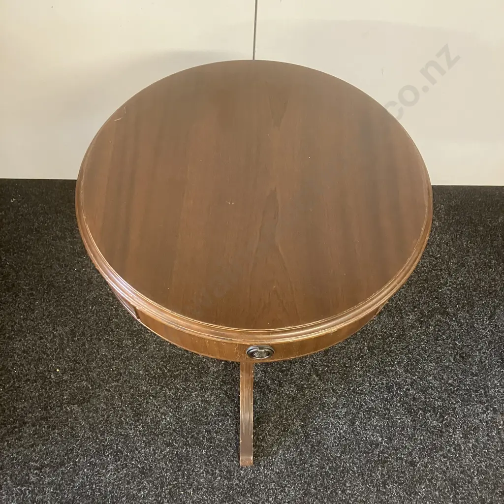 Mahogany Single Drawer Drum Table, Turned Base, Tri-Leg. 72 x 51cm (AF) Image 1++